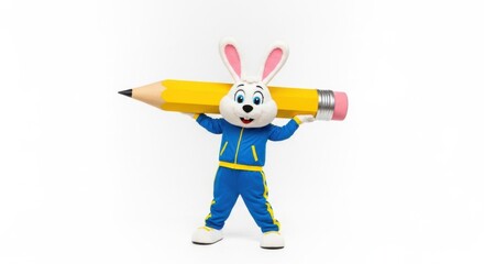 Fototapeta premium Rabbit mascot holding large pencil on white background