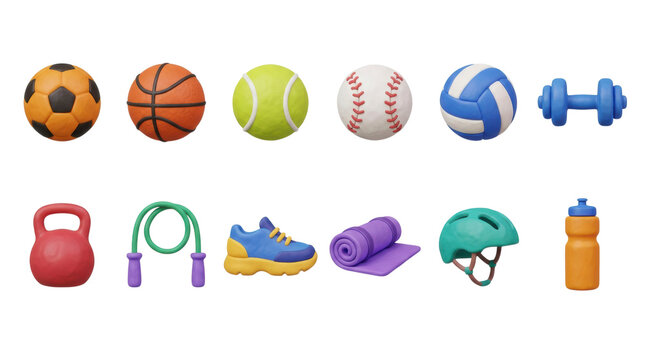 Large collection of colorful 3D sports equipment icons including balls, weights, and fitness accessories rendered in a cute, minimalist claymation style for various athletic activities
