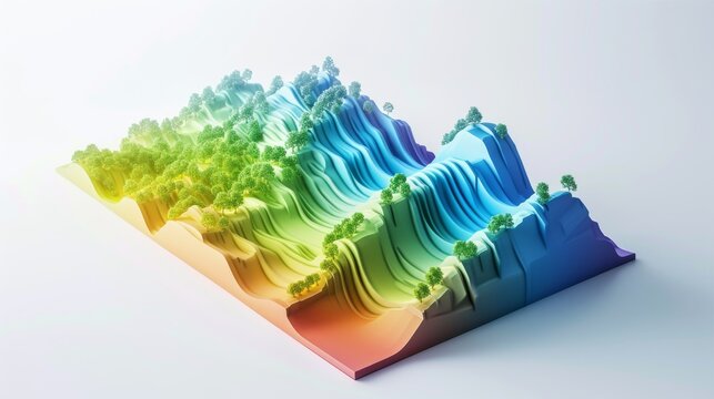 3D topographic terrain with colorful elevation layers