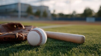 A close-up of a baseball resting on the grass, surrounded by a well-worn glove and a bat, capturing the essence of America's favorite pastime and the anticipation of the next big play in the