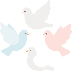 Fototapeta premium Four doves of different colors appear to be flying on a white backdrop