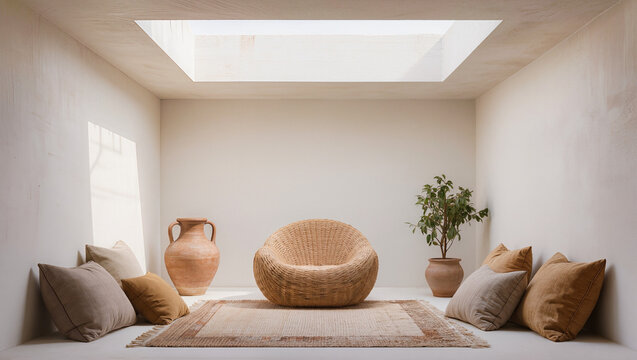 An interior room with a prominent skylight a central woven chair on a patterned rug a large clay vase a potted plant and scattered neutral cushions illuminated by natural light