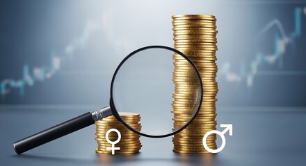 Financial analysis and investment concept with magnifying glass on stacked coins and gender symbols