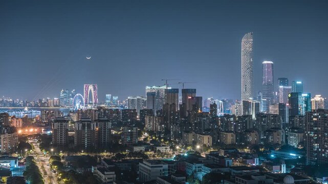 Time-lapse of CBD Nightscape at Jinji Lake with The Gate of the Orient, Suzhou Industrial Park, Jiangsu, China