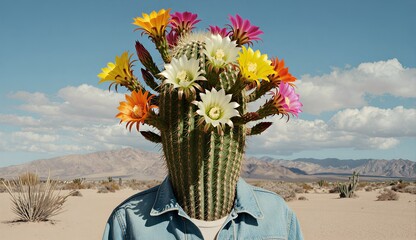 Desert Cactus with Flowers, Surreal Portrait