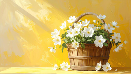 Wei&szlig;e Bl&uuml;ten im Holzeimer vor gelbem Hintergrund