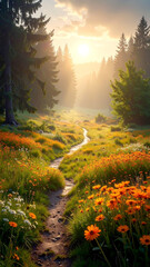 Wiesenpfad durch Blumenfeld am Waldrand im Sonnenlicht