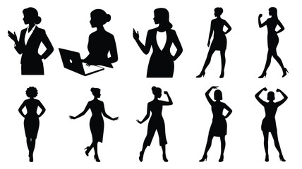 Fototapeta premium Collection of black silhouette illustrations of women in business attire posing and working on laptop