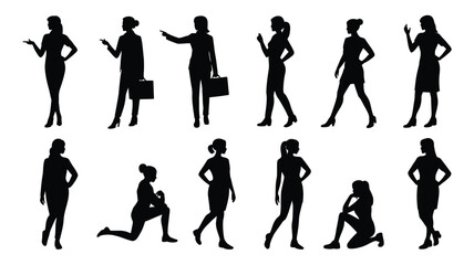 Collection of black silhouette illustrations of women in various poses and outfits on white background