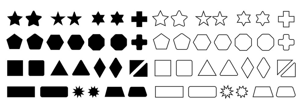 Geometric shapes collection including stars polygons and basic outlines for graphic design projects featuring solid black icons and matching line art silhouettes