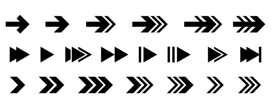 Black arrow icon collection for navigation and playback controls including chevron styles double headers and multimedia symbols for next fast forward and skip
