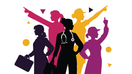 Naklejka premium Diverse professional women in silhouette pointing upwards in unity and success