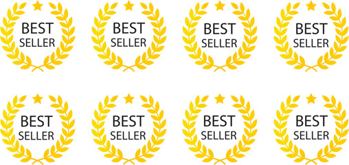 Best seller gold laurel wreath icons set with stars isolated on white background for product labels marketing and quality assurance. © Sumaiya