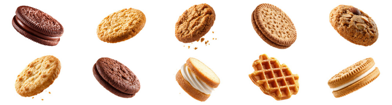 Assorted cookies and sandwich biscuits collection isolated on transparent background