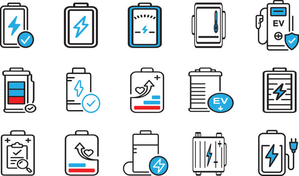 Electric Vehicle Battery Management and Smart Energy Charging Icon Set