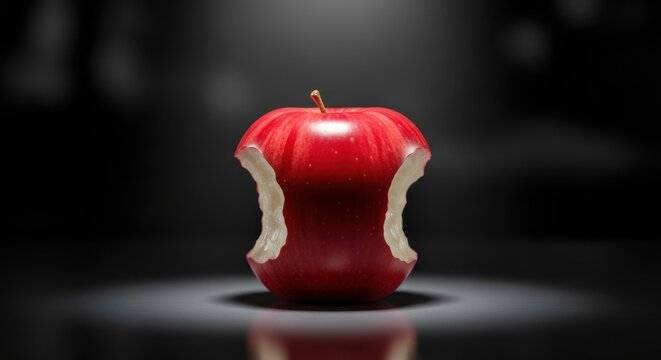 Red apple core showing bite marks and temptation