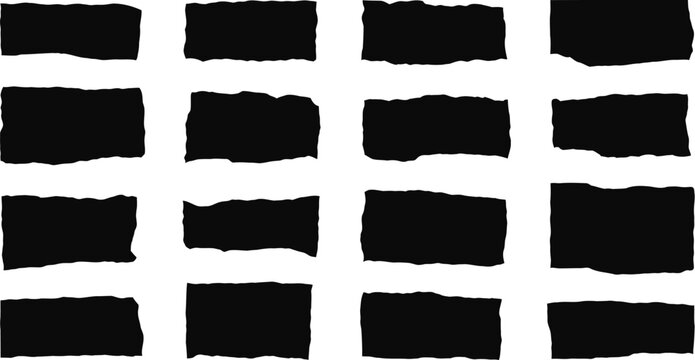 Black hand drawn brush stroke rectangles with rough edges isolated on white background for design elements and borders.