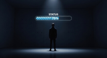 Obraz premium Person standing below digital status loading bar