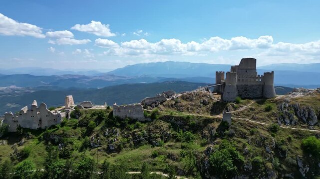 Circular birds-eye view on castle Rocca Calascio 4k drone