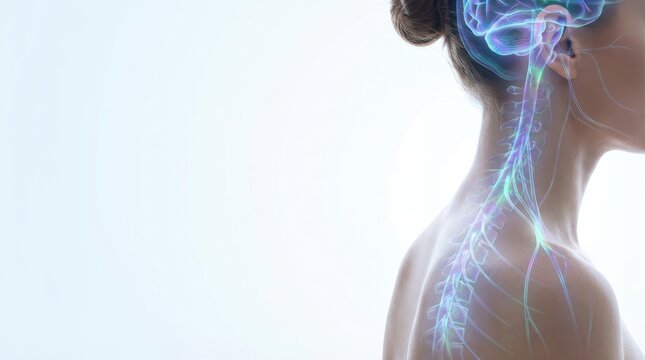 Close up of a human head and upper back displaying an illuminated brain and intricate nervous system