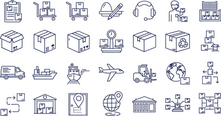 Fototapeta premium Logistics and Supply Chain Line Icon Set with Shipping, Warehouse, Delivery, Tracking, Cargo, and Distribution Symbols
