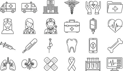 Medical and Healthcare Line Icon Set with Doctor, Nurse, Hospital, Ambulance, Syringe, and Health Symbols