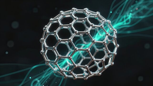 Molecular structure of carbon fullerene buckyball with glowing teal light trails on dark background