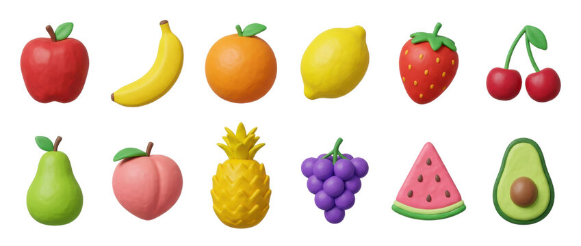Colorful collection of various clay fruits including apple, banana, strawberry, and pineapple, rendered in a cute 3D plasticine style for creative food concepts