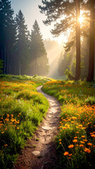 Wiesenpfad durch Blumenfeld am Waldrand im Sonnenlicht