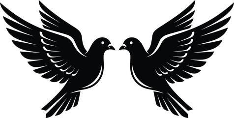 Obraz premium Two black doves facing each other with spread wings vector silhouette illustration isolated on white background symmetrical bird logo design