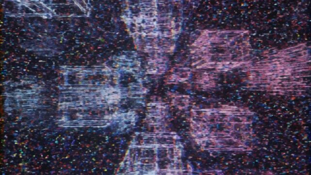 Glitchy TV screen with distorted colors and static noise in a dark room