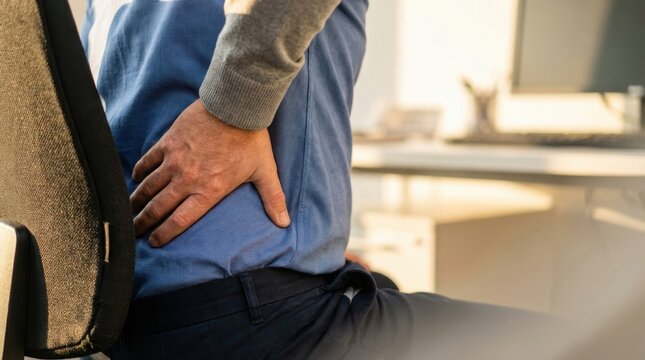 Adult male seated in an office chair a visible hand pressing on his lower back showing discomfort