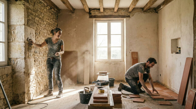 Young couple restoring old stone cottage interior together