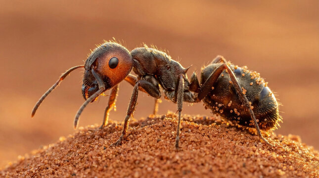 Close-up of founding queen ant Messor or Pogonomyrmex on red sand mound three-quarter view