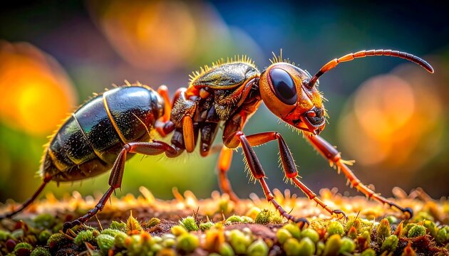 Close-up of a wasp standing on a mossy surface with its antennae extended in a natural outdoor environment