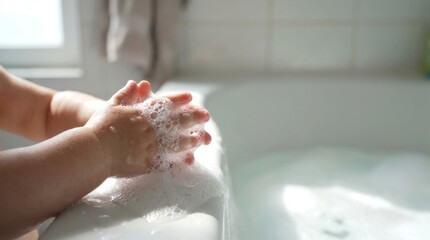 Fototapeta premium Close up of a child's hands covered in white soap suds resting on a white bathtub rim with bubbly water