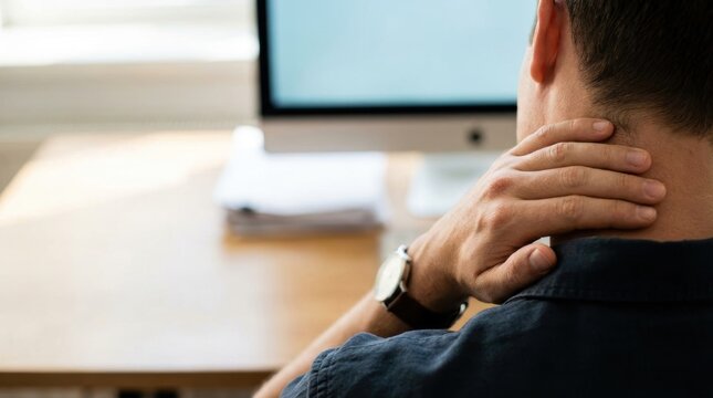 Rear view of a man experiencing neck pain while working at a computer desk His hand is placed on his aching neck