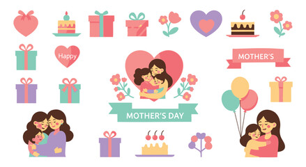 Fototapeta premium Set of cute mother's day elements and illustrations with moms