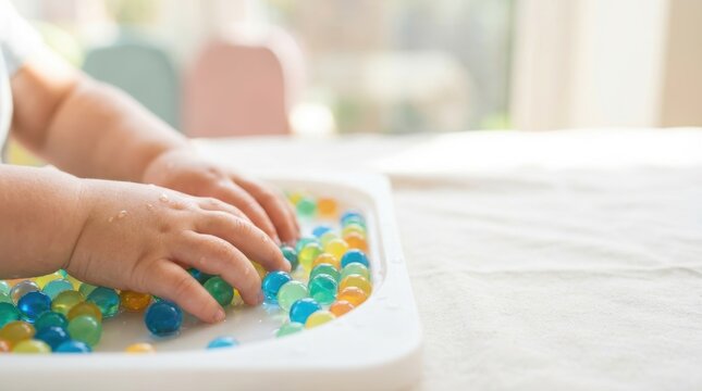 Baby's plump hands touching vibrant blue green and yellow water beads in a white sensory tray