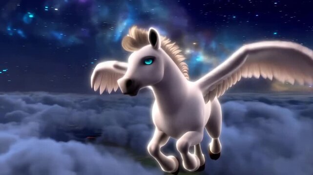 A majestic white Pegasus with expansive wings glides gracefully above a sea of soft clouds beneath a shimmering celestial sky filled with stars and nebulae.