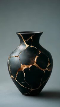 Elegant kintsugi vase with gold-repaired cracks, embodying wabi sabi beauty and adding a touch of refined artistry to any modern or minimalist interior