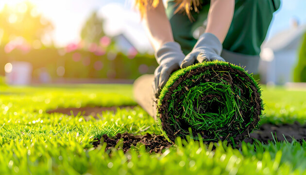 Rollrasen wird im Garten verlegt