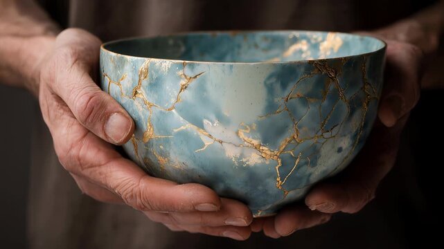 Elegant kintsugi bowl with gold-repaired cracks, showcasing wabi sabi beauty, artisan craftsmanship, and a serene, timeless aesthetic perfect for stylish interiors