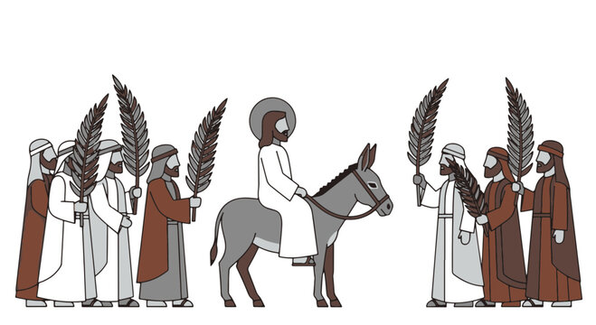 Palm Sunday Entrance into Jerusalem Featuring Jesus on a Donkey and Waving Palms