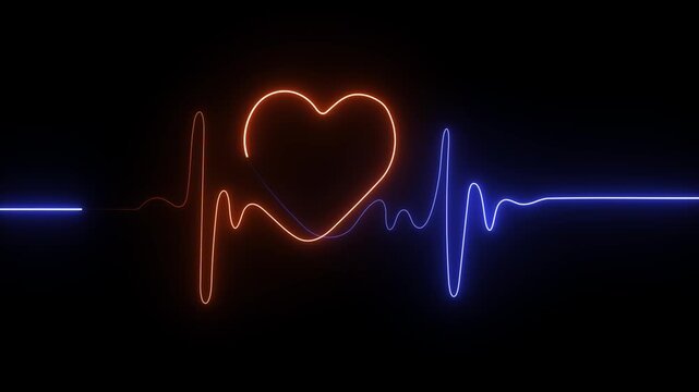 Neon electrocardiogram line with heart shape in blue and orange on black background heart rate pulse