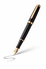 Naklejka premium Black and gold fountain pen writing a flowing ink line on white background symbolizing signature and agreement