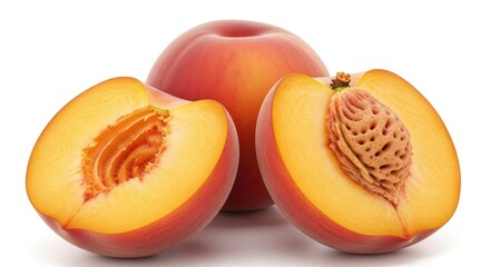 Fresh Peaches Cut Open on White.