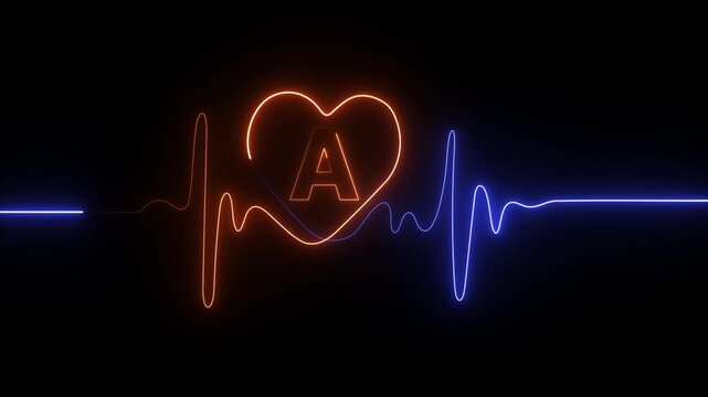 Neon electrocardiogram line with letter A inside a heart shape in blue and orange on black background