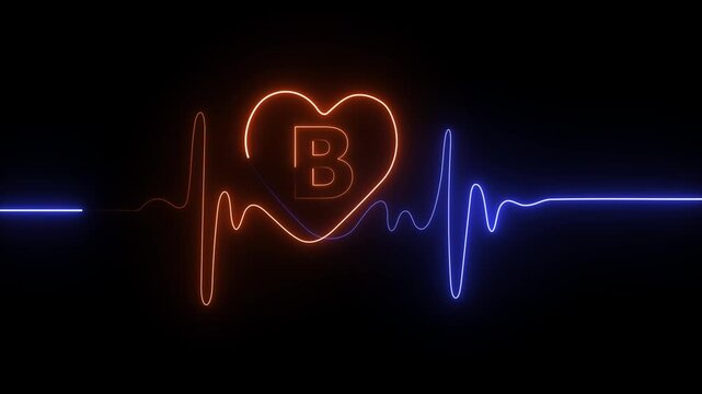 Neon electrocardiogram line with letter B inside a heart shape in blue and orange on black background