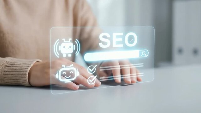Hands interacting with a virtual screen displaying SEO, AI, and search optimization for digital business strategy.